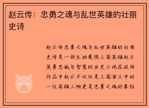 赵云传：忠勇之魂与乱世英雄的壮丽史诗